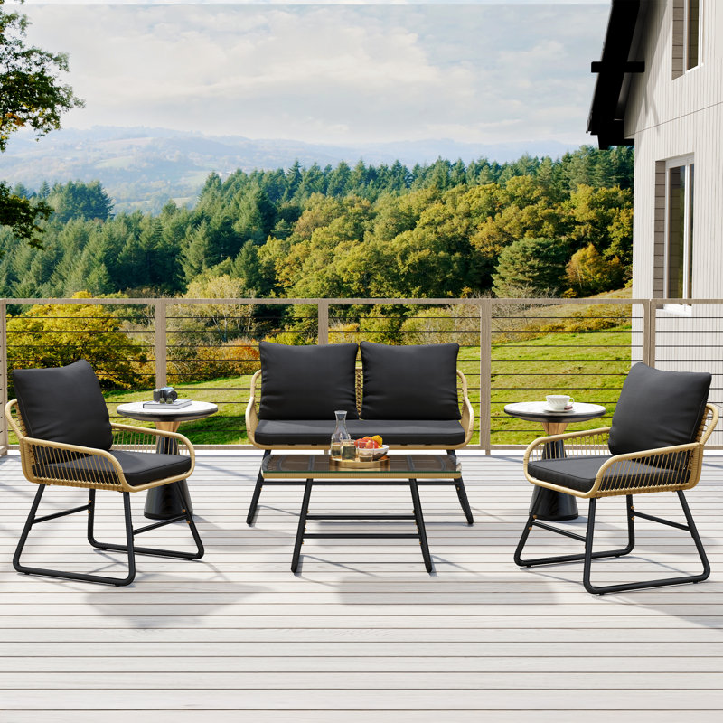 Ensemble de conversation 4 pièces avec table basse, causeuse et 2 chaises pour conversation , Noir, noir, noir, noir