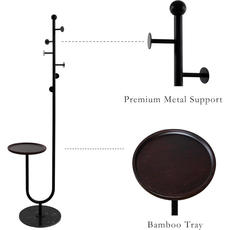 Vertical Coat Rack, Metal Coat Tree, With Bamboo Tray And 6 Hooks, Heavy-Duty Marble Base Corner Coat Rack, Black