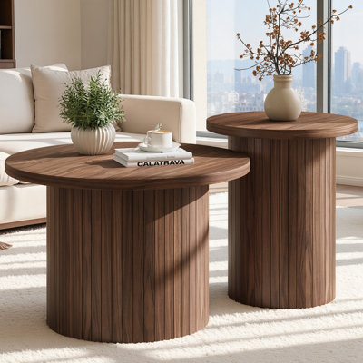 Ensemble de tables basses gigognes Dulane, fini bois rustique, noyer