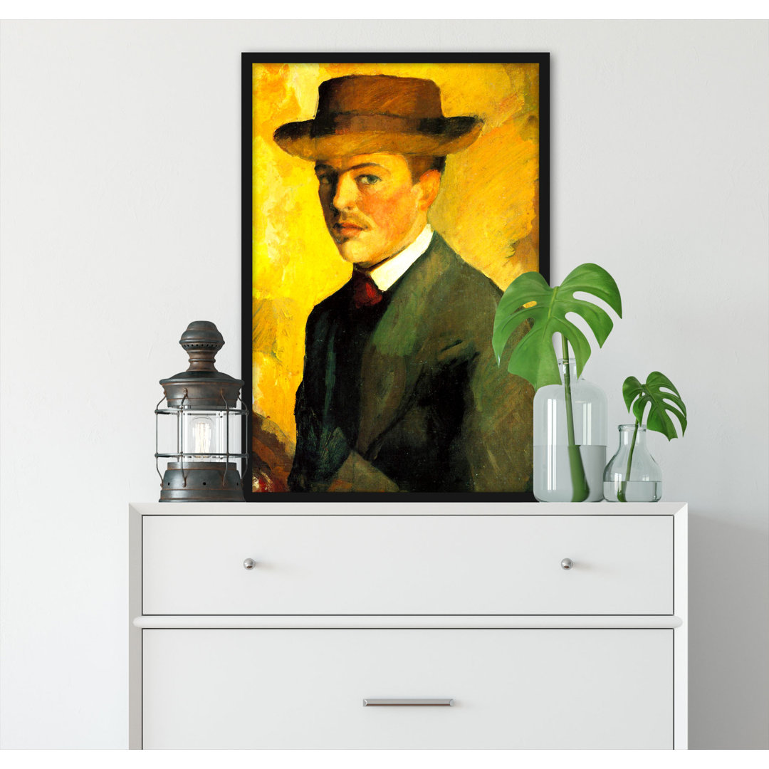 Gerahmtes Leinwandbild Selbstportrait mit Hut von August Macke