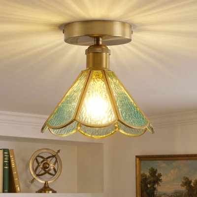 Vintage 1 Light Polished Brass Flush Mount Ceiling Light with Textured Glass Shade