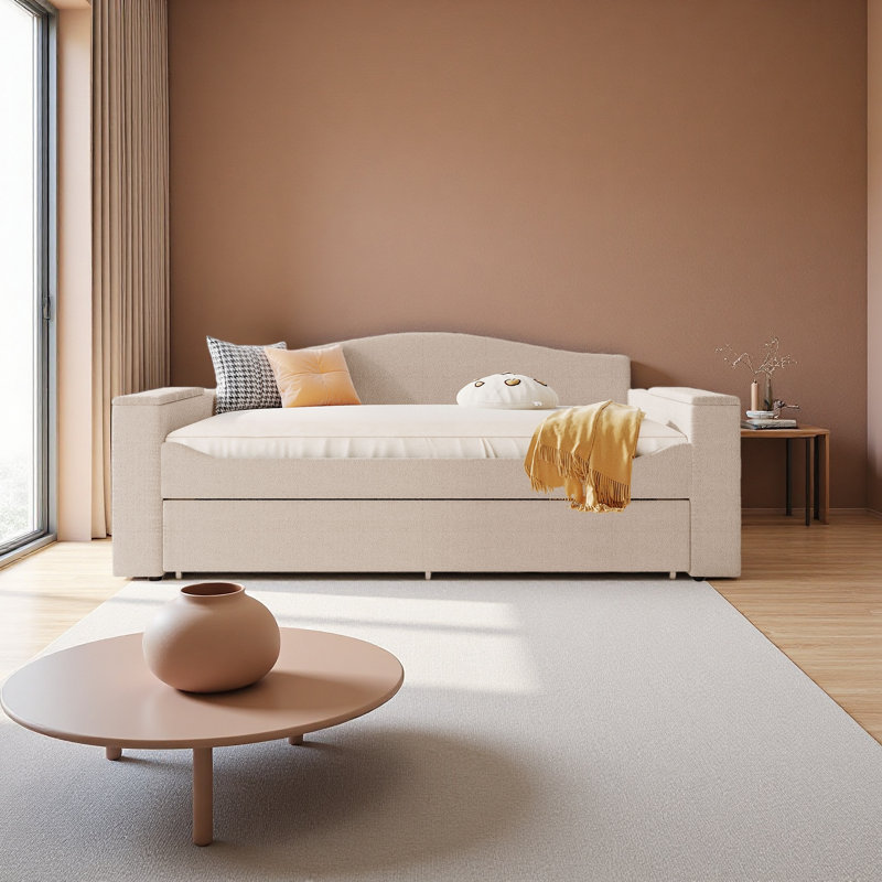 Full Size Upholstered Daybed With Storage Armrests, Trundle And Latest Integrated Bluetooth Audio System, Teddy Fleece, Beige