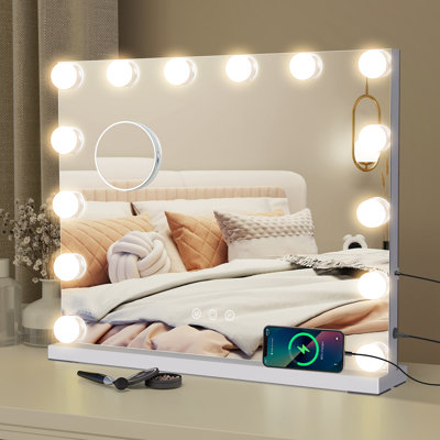 Makeup Mirror with 3 Color Lights, 50×42cm Large Lighted Vanity Mirror with 14 Dimmable LED Bulbs and Charging, White