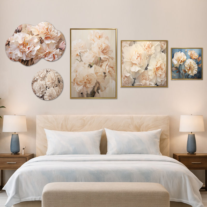 Arrangement IV avec œillets beige - ensemble de 5 grandes décorations murales en toile et en métal (100 po x 40 po)