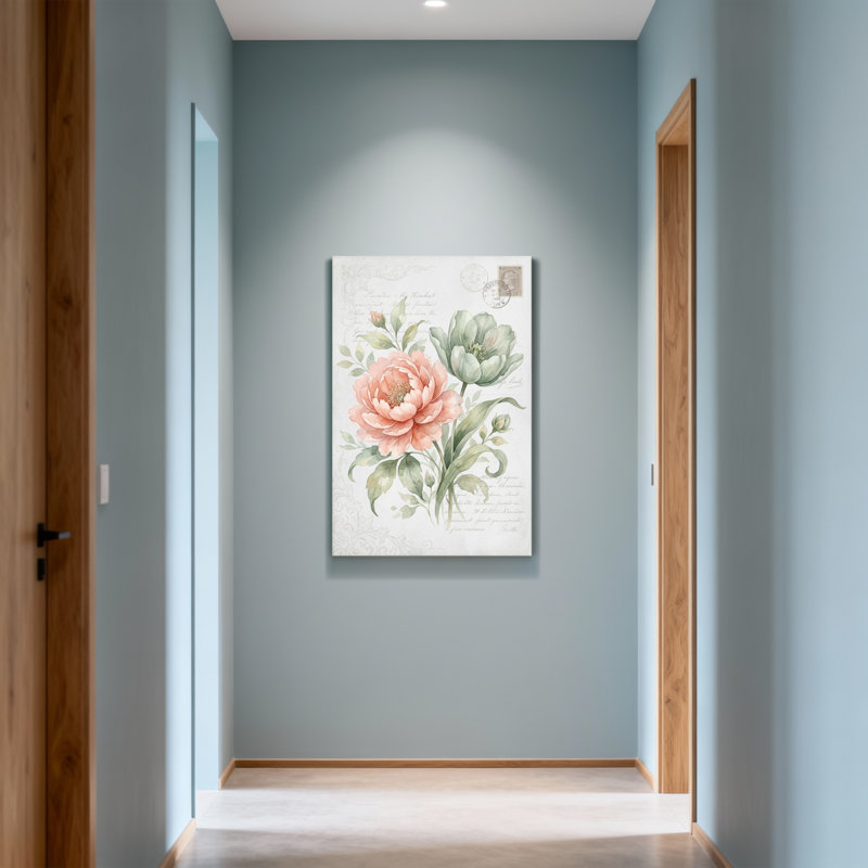 Plantes et fleurs, aquarelle florale, fleurs roses et vertes, H 40 po x l 28 po