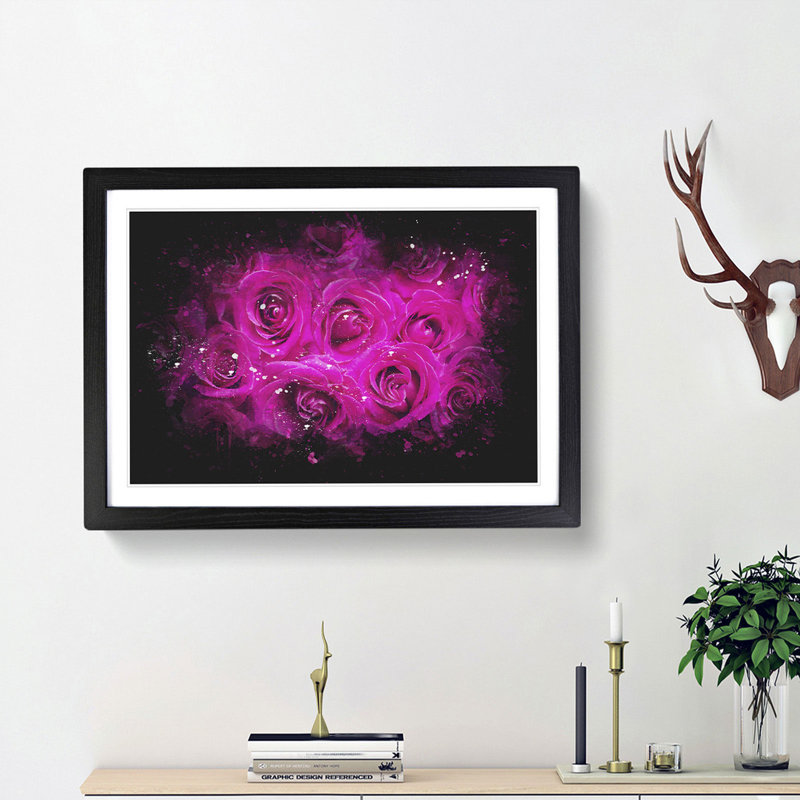 Wall of Bright Pink Roses - Picture Frame Graphic Art Print, 33cm H x 45cm W x 2cm D, Black Framed