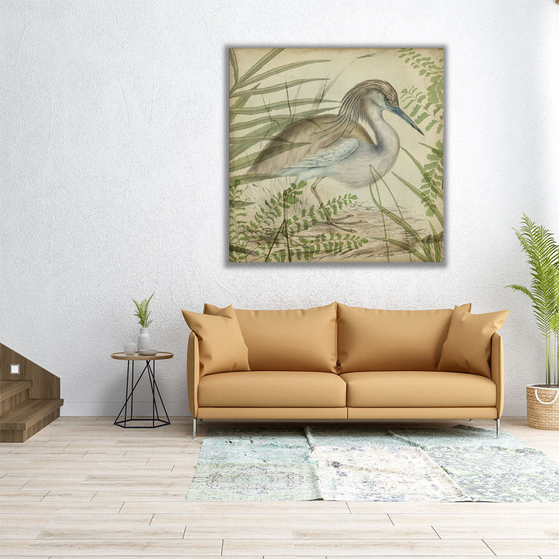 Heron & Ferns II - reproduction d'art sur toile, H 40 po x l 40 po