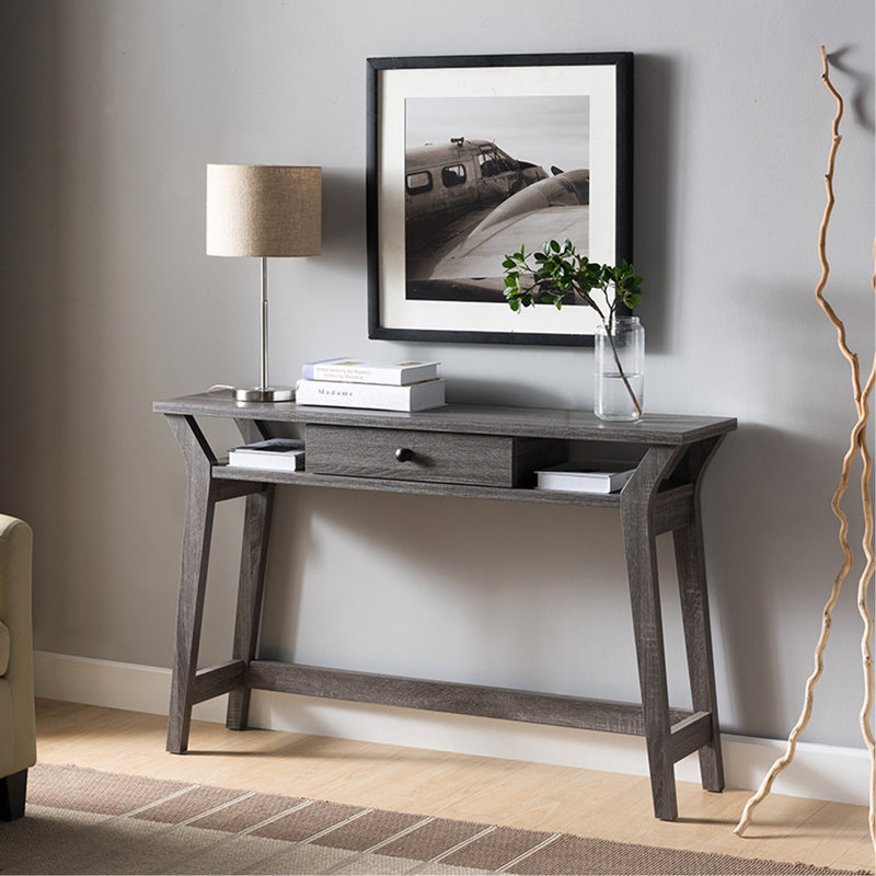 Console avec un tiroir et deux tablettes ouvertes - gris