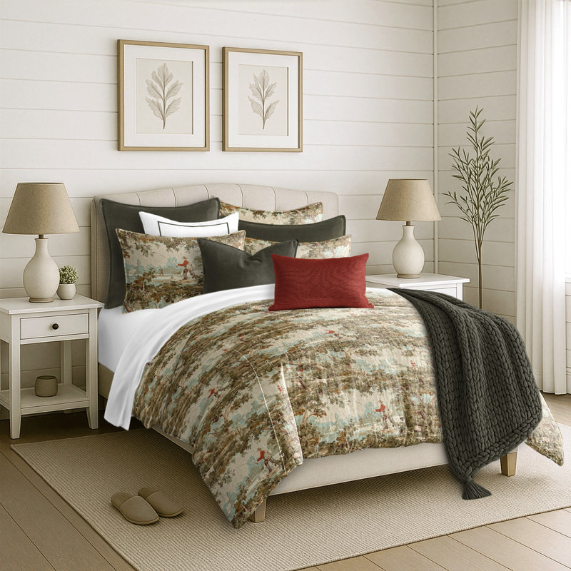 Greenwood Ivory/Red Linen Duvet Cover Set, Twin Duvet + 1 Standard Shams