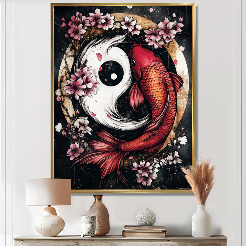 Étang mural Sakura Yin et Yang Koi, H 32 po x l 24 po x P 1 po, Toile avec cadre flottant or