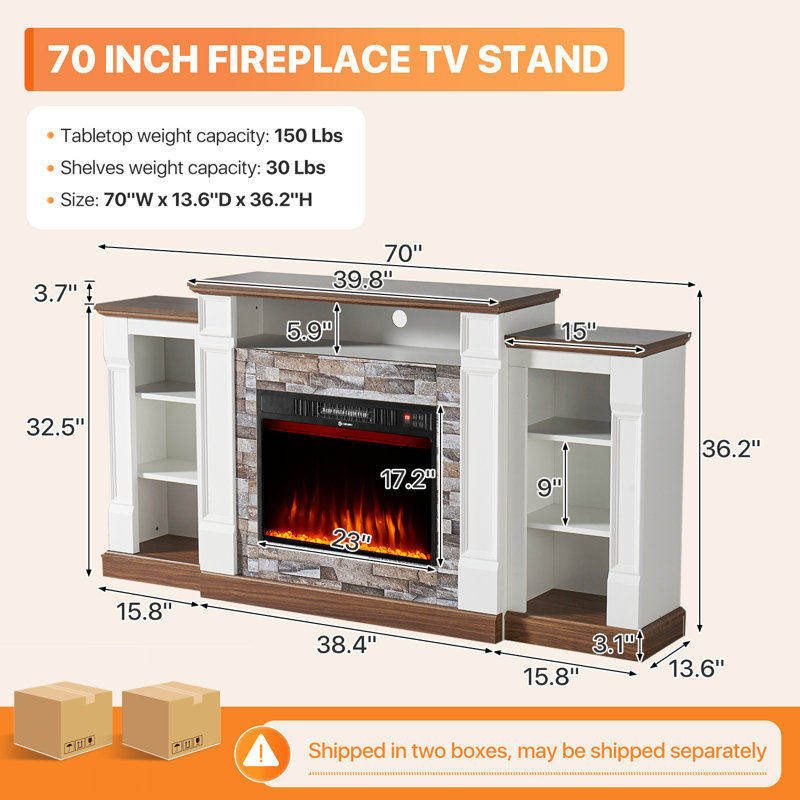 70" Electric Fireplace With Mantel, Farmhouse Fireplace Tv Stand For Tvs Up To 80 Inch, Realistic Stacked Stone Surround With Remote Control For Living Room
