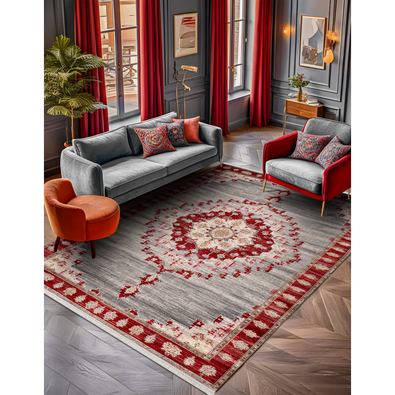 Marisol Burgundy Beige Gray Oriental Machine Printed Cotton Polyester Area Rug, Round 5'3"