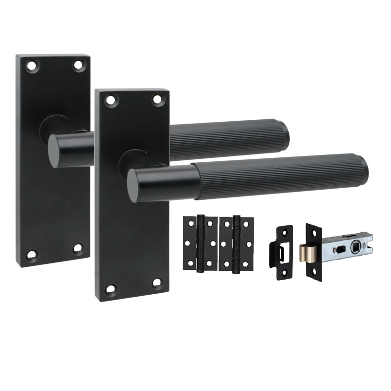 Golden Grace 1 Pair Victorian T-Bar Linear Design Door Handle Matt Black Finish with Ball Bearing Hinges and Latches - 120 x 40mm