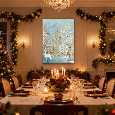 Ensemble de 3 impressions d'art sur toile de Noël, forêt d'hiver avec cerf et flocons de neige