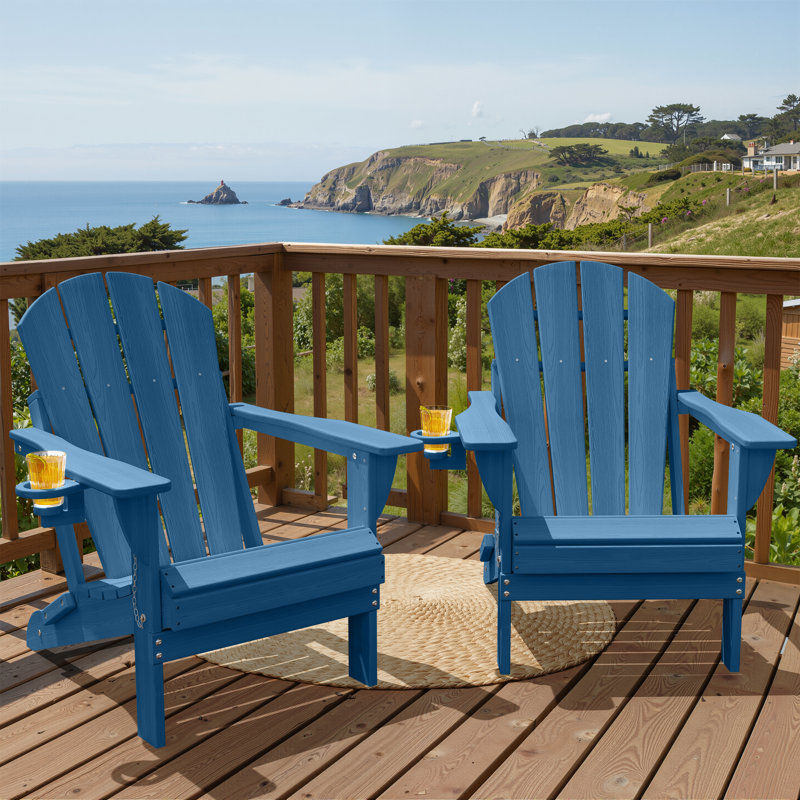 Outdoor Adirondack Chair Set Weather-Resistant HDPE Foldable Patio Chair Fire Pit Chair with Cup Holder, Navy Blue