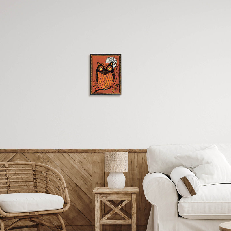 Chouette ronde automne botanique at-137, Giclée encadrée noir minuit, H 14 po x l 11 po x P 1,5 po