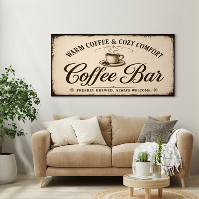 Très grand art mural imprimé sur tissu - café brun, typographie, décor de cuisine rétro - «assemblage requis (cadre non fini)»