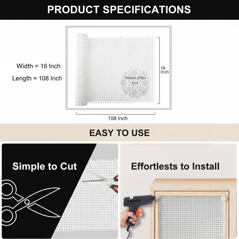 Rouleau de rotin en plastique de 16 po x 108 po, sangle de canne pour décoration en rotin, matériel pour la réparation de meubles, bricolage, armoires