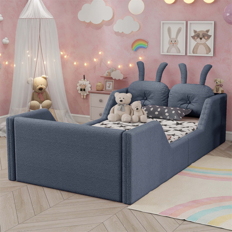 Twin Size Upholstered Platform Bed With Rabbit Cushion, Removable Side Rails For Kids, Soft Teddy Fabric And Enhanced Safety