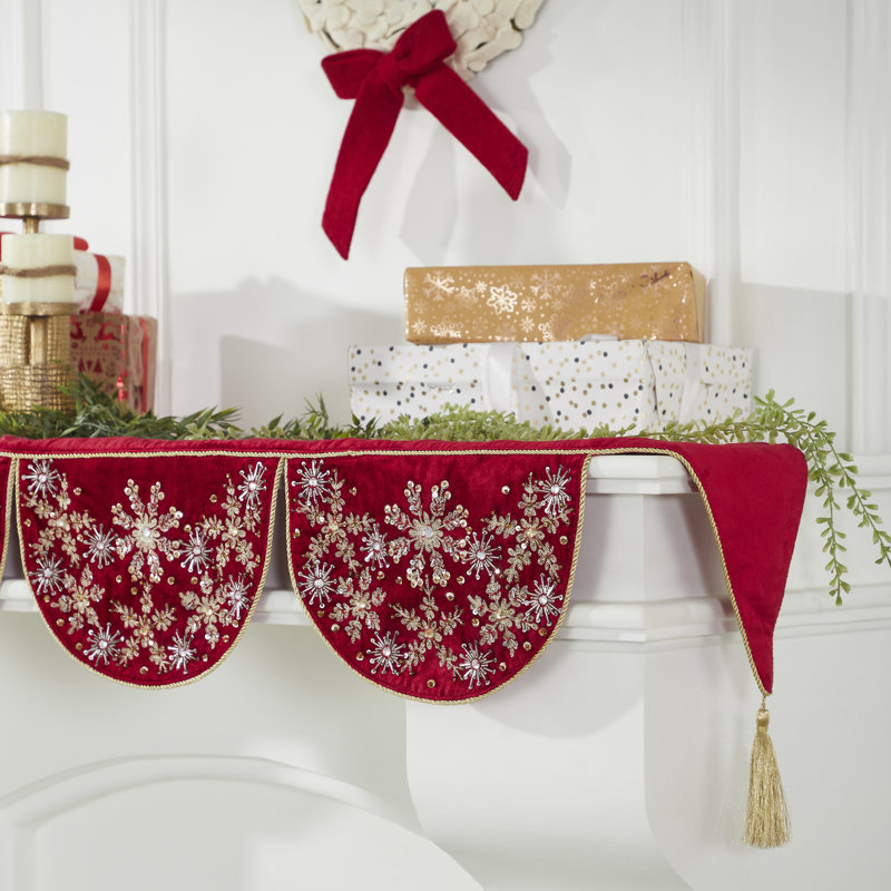 Red Velvet Mantle Scarf With Hand Beading And Crewel Embroidery - 72", Red