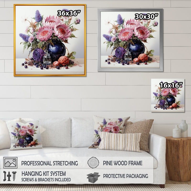 Nature morte bouquet de chardon - impression, H 30 po x l 30 po x P 1 po, Cadre doré simple