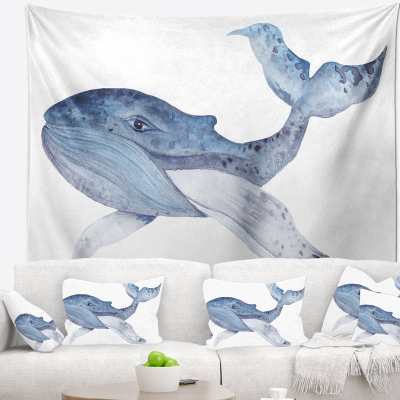 Grande tapisserie à la baleine avec aquarelle, H 32 po x l 39 po