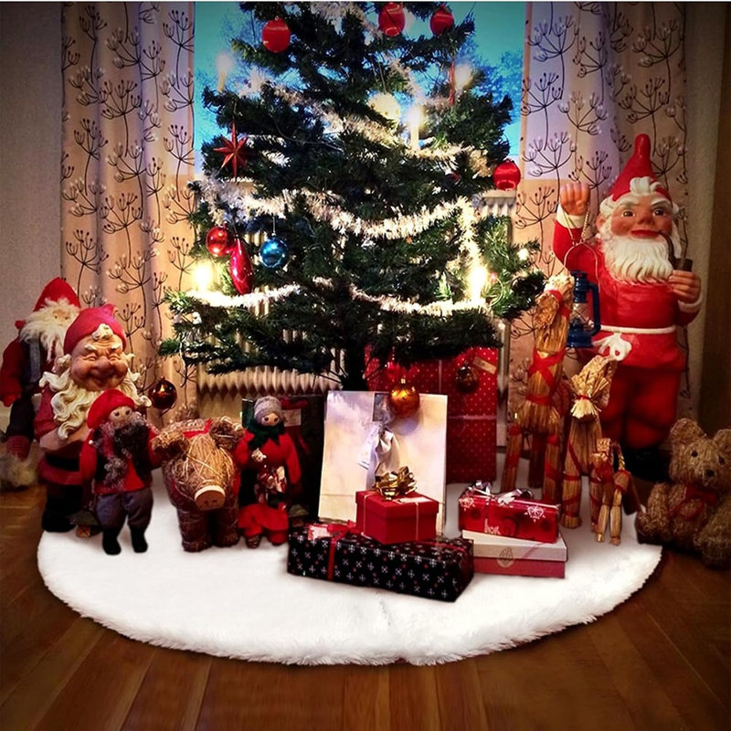 White Fluffy Faux Fur Christmas Tree Skirt Holiday Decor Mat