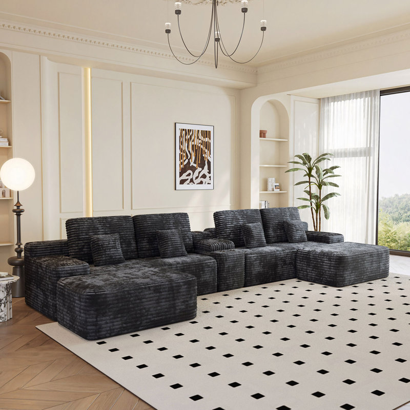 Canapé modulaire 5 pièces de 150 po de largeur avec 2 repose-pieds, canapé confortable en forme de U pour le salon, tissu en velours côtelé moelleux