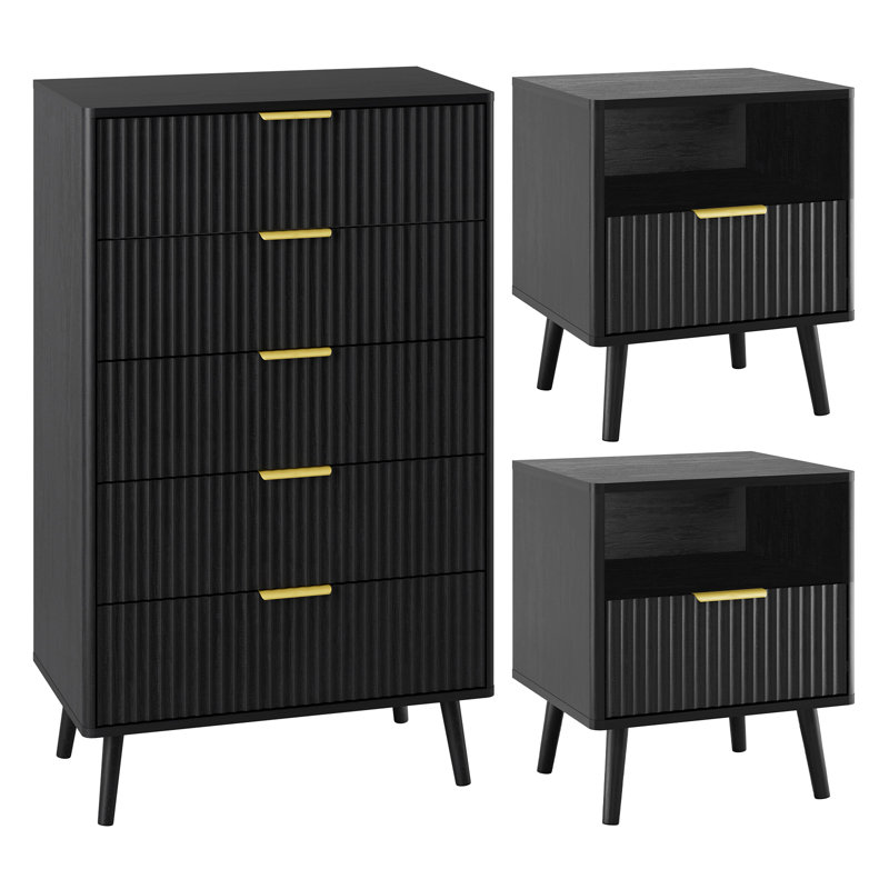 Ensemble de chambre à coucher 3 pièces (1 commode + 2 tables de chevet), Noir