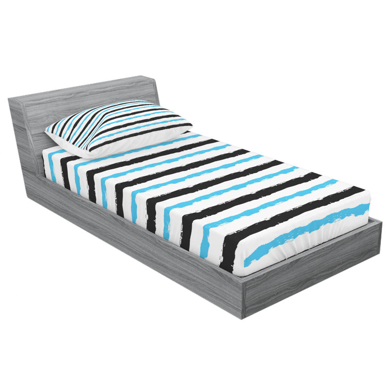 Microfiber Striped Sheet Set, Twin Sheet Set + Fitted Sheet + 2 Pillowcases, Blue/Black/White Striped