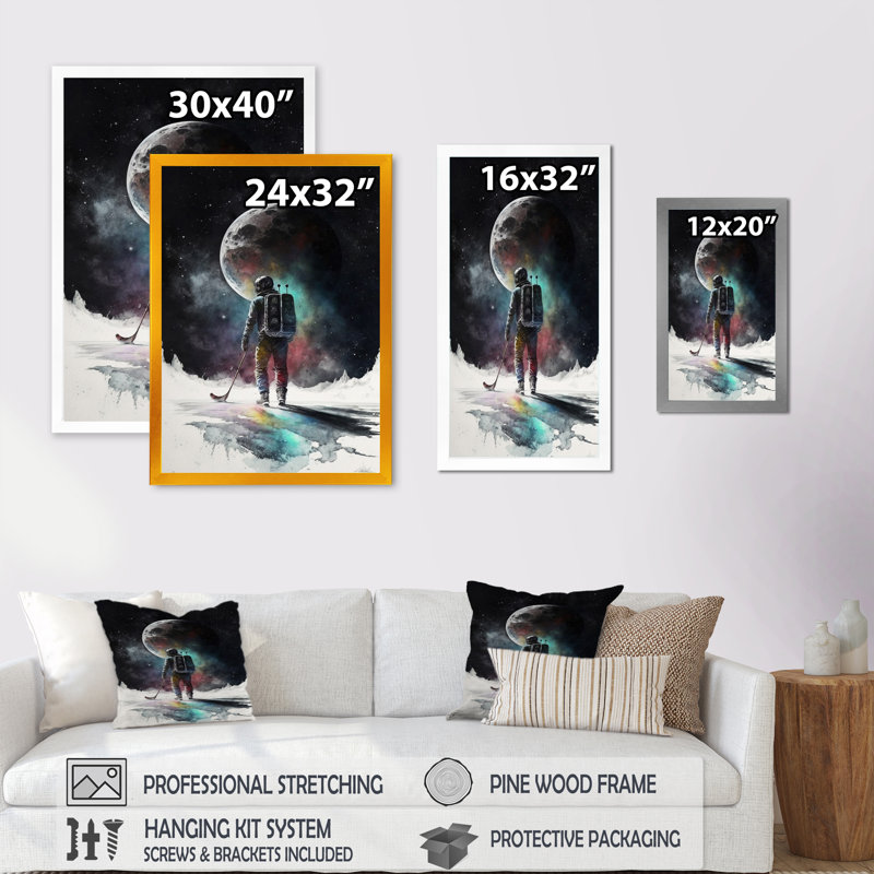 Joueur de hockey sur la lune - Impression sur toile, Cadre photo noir, H 20 po x l 12 po x P 1 po
