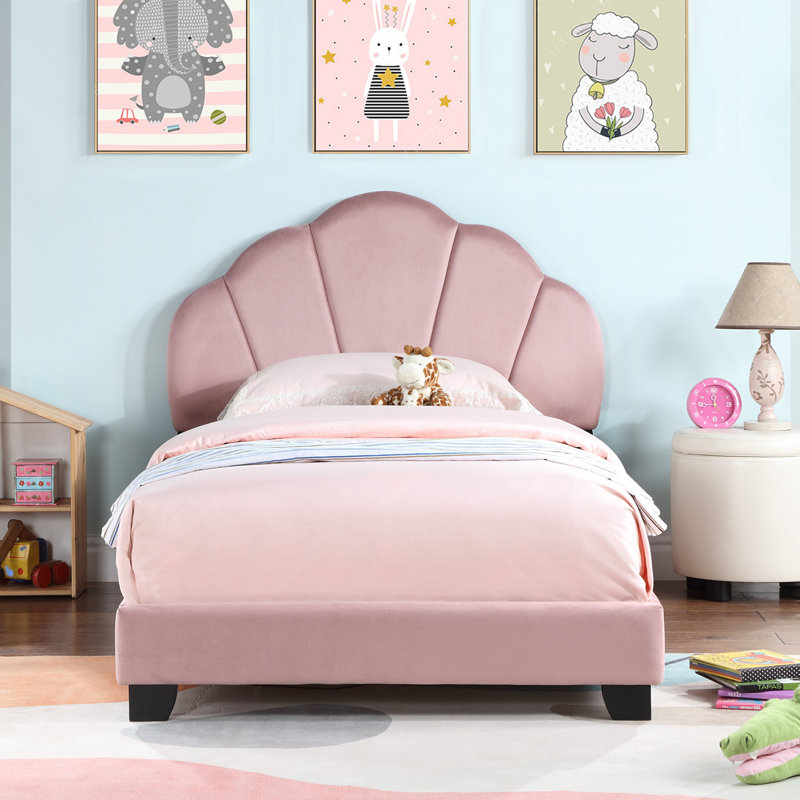 Lit plateforme tapissier simple pour enfants, base de lit en bois avec sommier à lattes, pas de sommier nécessaire, jolie base de lit avec tête de lit à motif de coquillages pour filles, garçons et adolescents