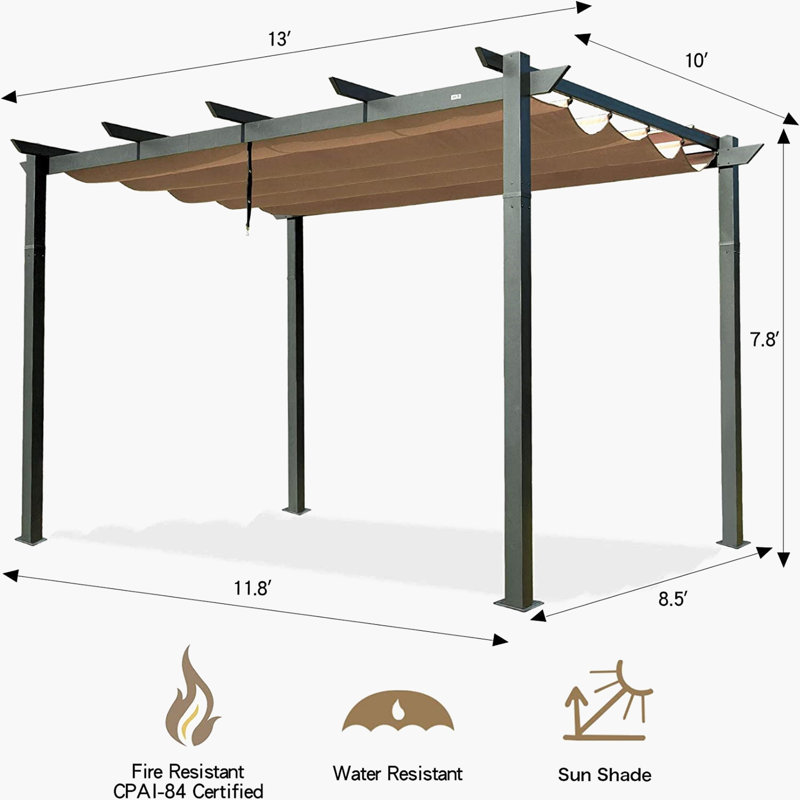 Aluminum Pergola with Canopy, 13 ft. W x 10 ft. D