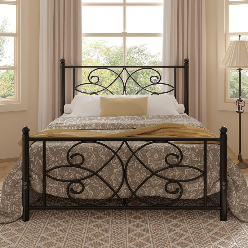 Black Full Size Metal Bed Frame with Headboard and Footboard, Victorian Butterfly Platform Bedframes, Heavy Duty Platform Storage Bed, Noise-Free Slatted Base