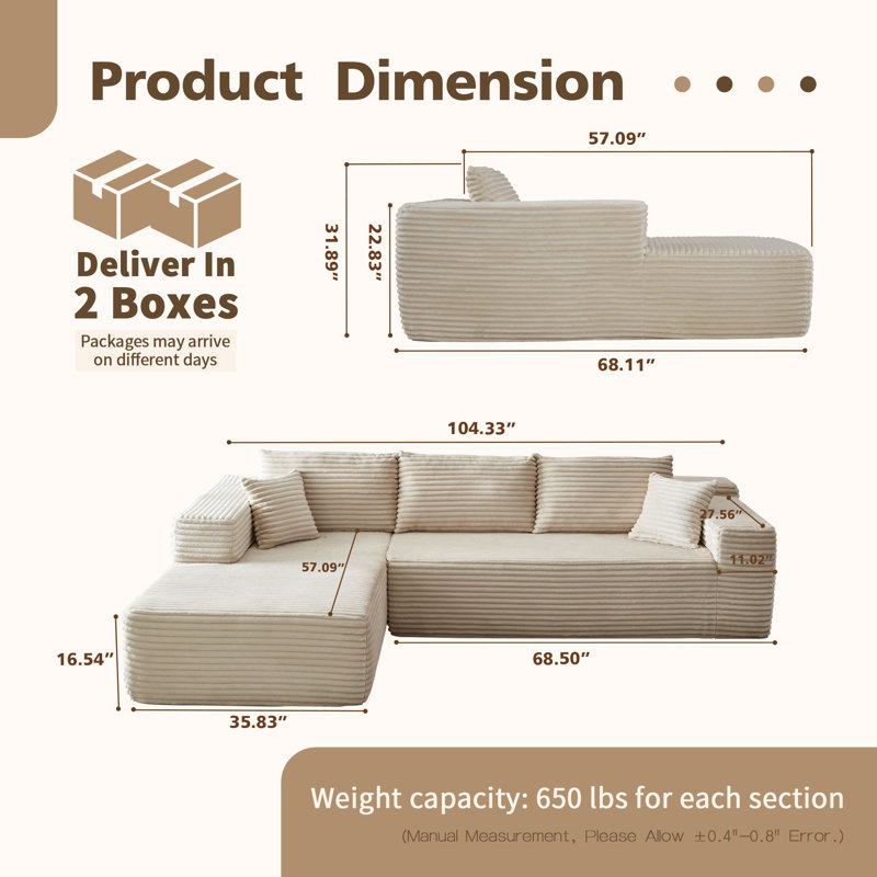 Canapé modulaire rembourré 2 pièces Kailayah, Polyester beige, Orienté à gauche (vu de face)
