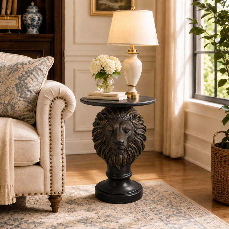 Lion Head Side Table, Unique Animal End Table with Round Top, 25.6" Tall Modern Resin Statue Nightstand for Living Room, Office & Man Cave Decor - Bronze