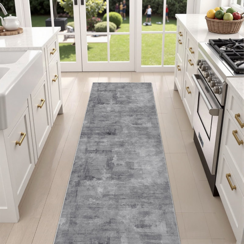 Tapis abstrait lavable à la machine avec envers antidérapant Amott, Tapis de couloir 2 pi x 6 pi, Gray, 0.28"
