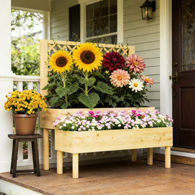 Outdoor Raised Garden Bed With Trellis, Two - In One Design For Climbers, Support Various Plants, Ergonomic Stepped Structure, Simple Assembly, Rustic Charm, Natural Wood Color Patio Planter Box