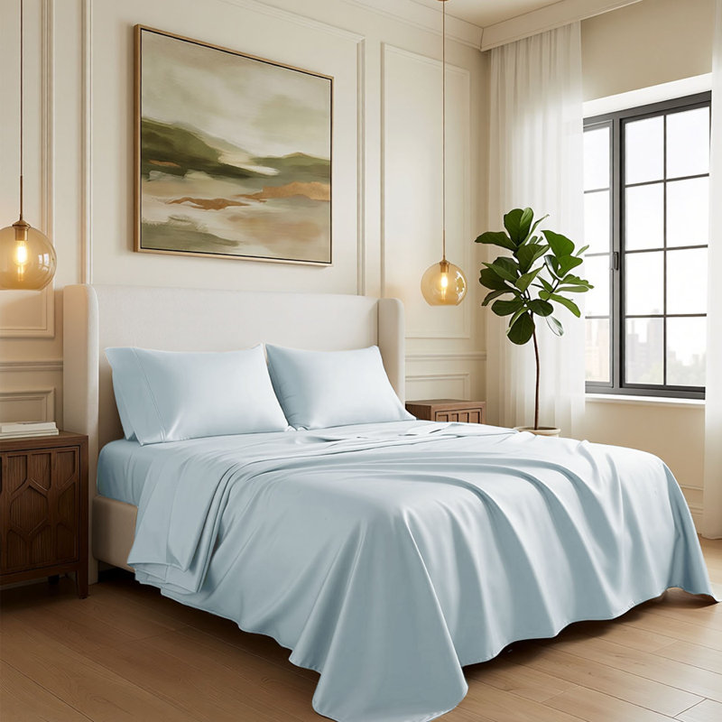 600 Thread Count 100% Cotton Sheet set in Sateen Weave, Twin Sheet Set with 1 Pillowcase, Light Blue, Solid