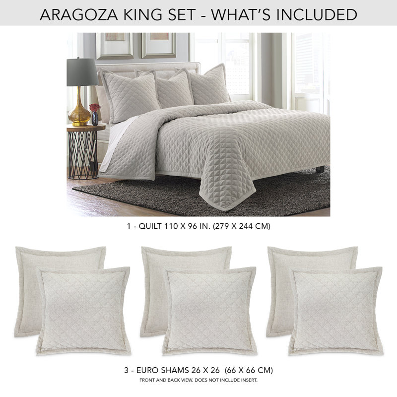 Aragoza Quilt, King Quilt + 3 Euro Shams, Gray