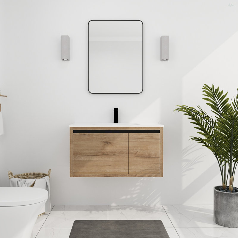 36 Inch Wall Mounted Bathroom Vanity With Gel Sink, Imitative Oak