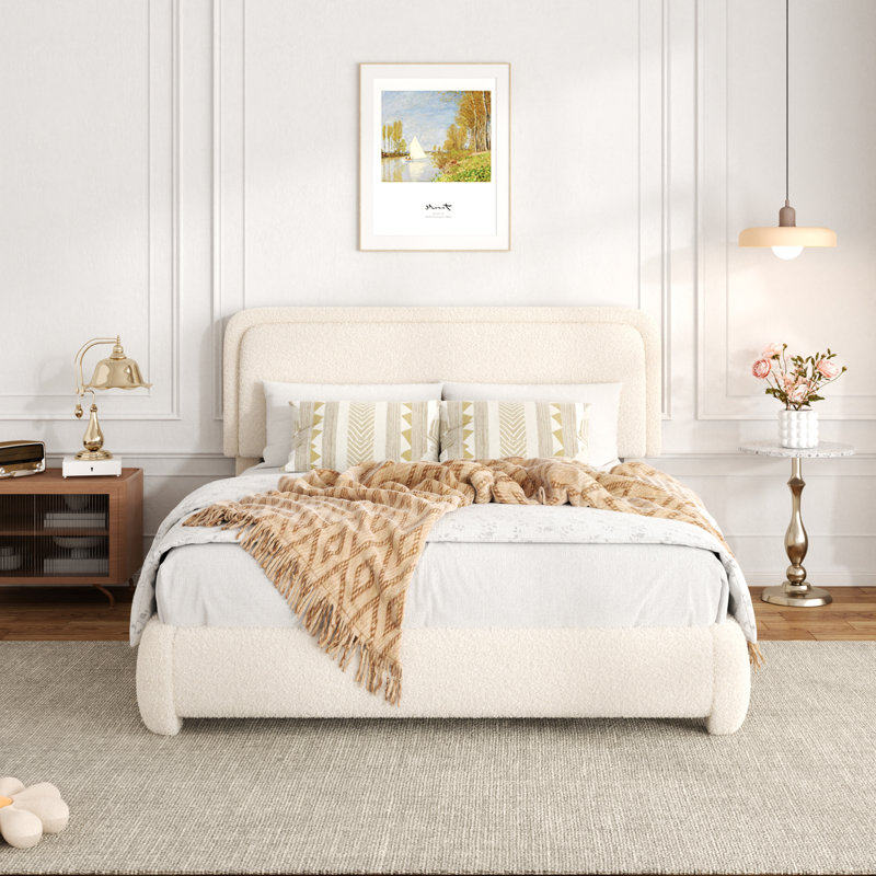 Haden Lambswool Boucle Upholstered Platform Bed Frame with Adjustable Headboard, Queen, Beige