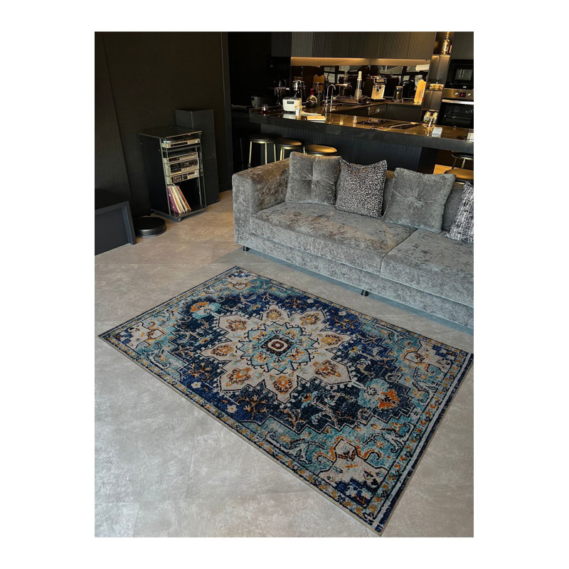 Tapis décoratif lavable bleu, Rectangle 3 pi 3 po x 4 pi 11 po