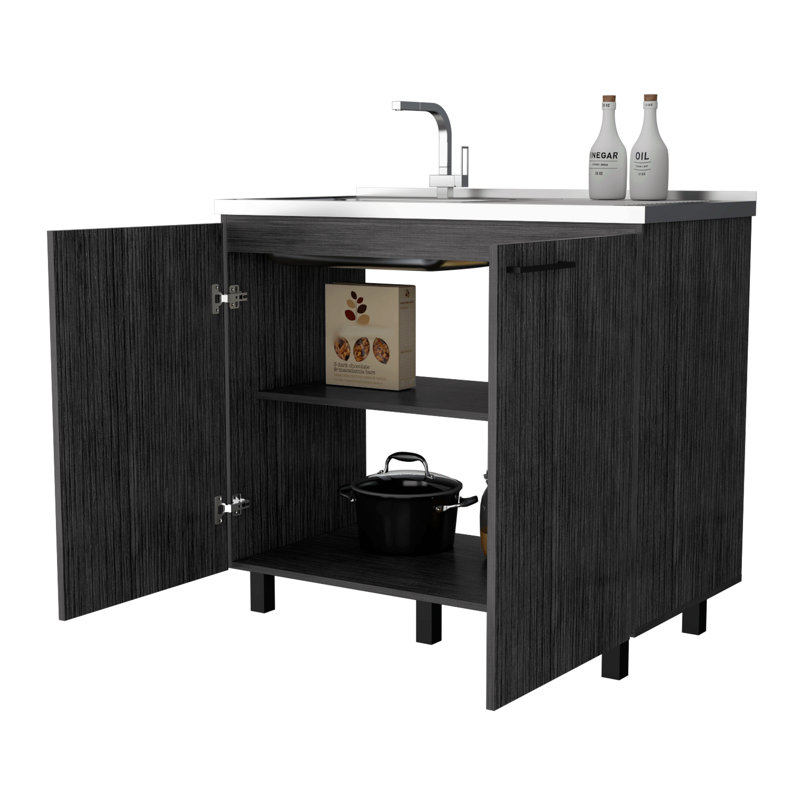 Évier utilitaire et armoire Oklahoma 2, tablette intérieure, comptoir en acier inoxydable, chêne fumé
