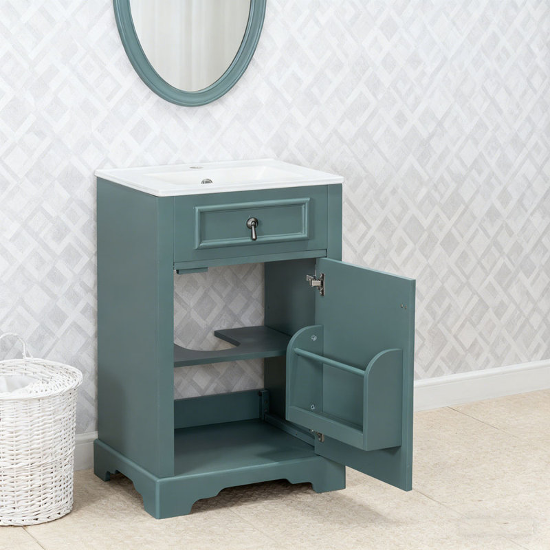 Meuble-lavabo autoportant moderne de 20 pouces avec lavabo en céramique et tablette réglable, Vert