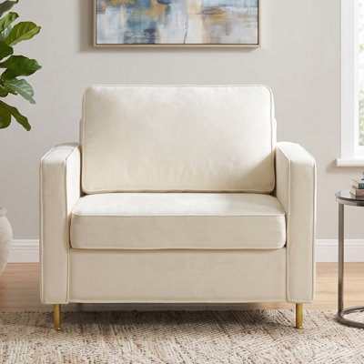 42.1" Modern Accent Chair Chenille Upholstered Single Sofa with Square Arms, Sewn Pillow Back & Yellow Iron Legs for Living Room, Bedroom and Reading Nook, Beige