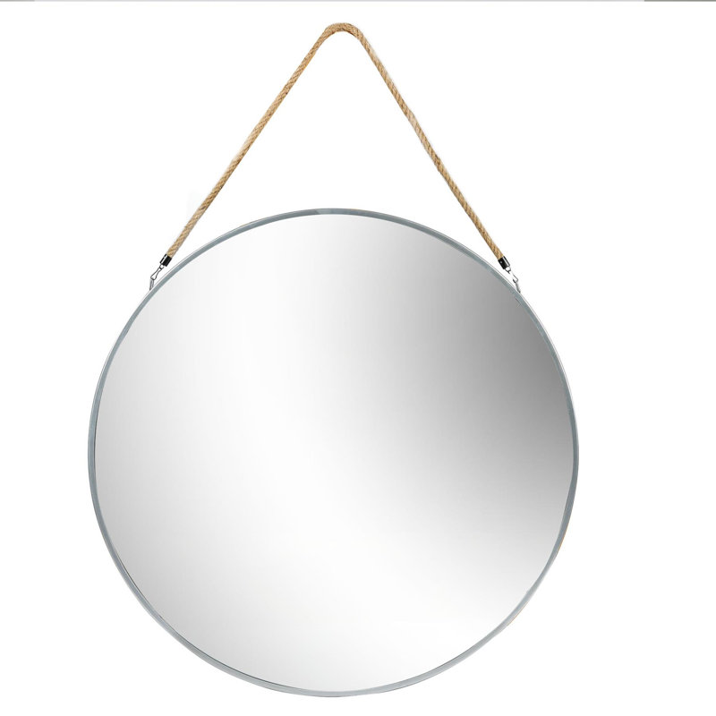 Round Metal Frame Hanging Mirror on Rope, 40cm H x 40cm W, Silver