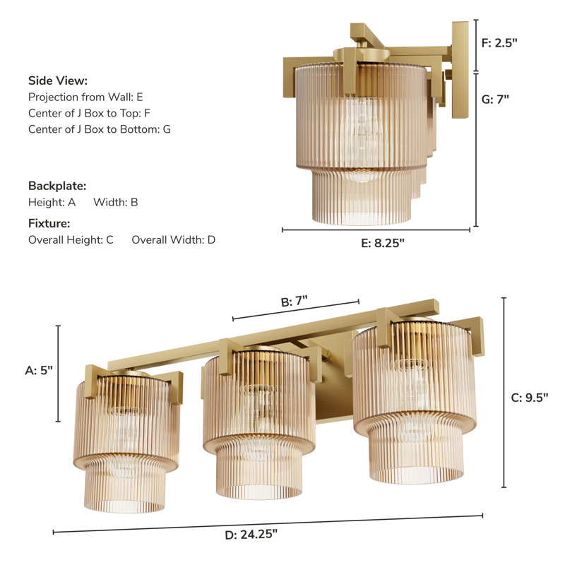 Hunter x Jasmine Roth Ontario 3 Light Bathroom Vanity Wall Light Fixture, Luxe Gold, Amber