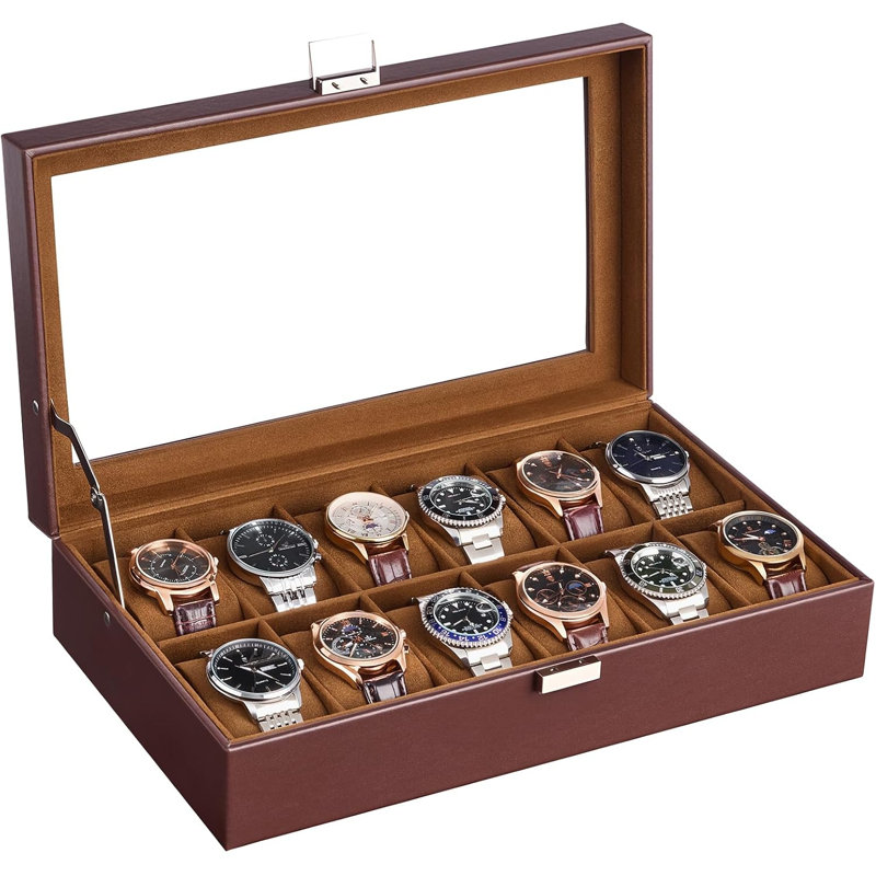 Coffret de montres pour hommes, boîte de présentation à 12 emplacements avec grand couvercle en verre, 1 couche, Espresso