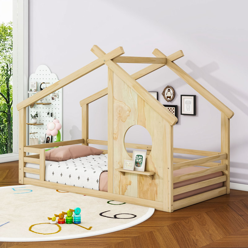 Lit sur pied en bois avec fenêtre et petite tablette, Naturel, Simple